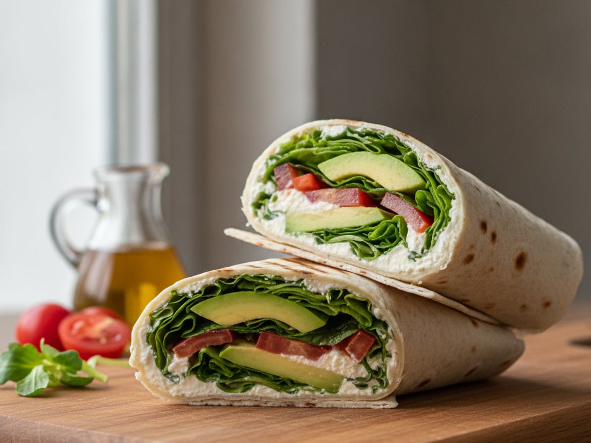 Balinese Wrap Veggie — Avocado, mixed greens, Philadelphia, cherry tomatoes, EVO oil
